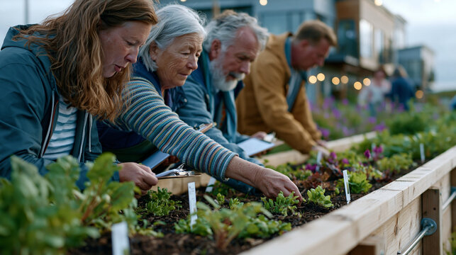 Senior co-housing residents tending shared raised vegetable beds outside low-rise communal building, three women and two men comparing seedling progress on clipboards, rural landscape stretching bey