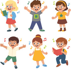 Fototapeta premium Happy children singing and dancing illustration featuring music education entertainment and cheerful cartoon character collection design artwork