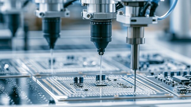 Automated robots precisely apply thick conformal coatings on lighting PCBs ensuring durable protection against moisture and corrosion in industrial manufacturing settings.