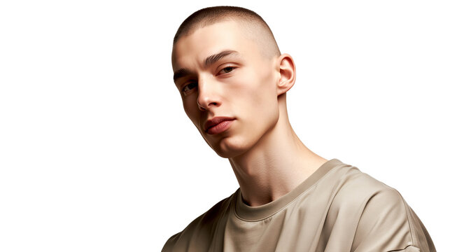 Young man buzz cut tense serious expression, transparent background, beige t-shirt, clenched jaw, focused eyes, dramatic lighting, isolated male portrait, confident intense.