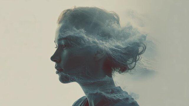 Female Portrait Merging with Ocean Waves Creating Surreal Double Exposure in Soft Light