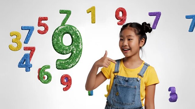 Young Asian girl happily surrounded by floating numbers in a studio setting.