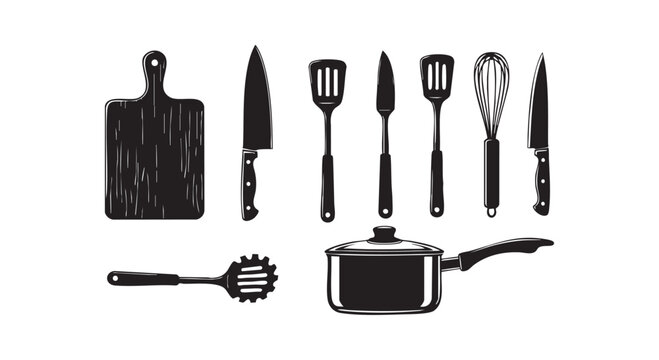 Kitchen utensils set with cutting board knife spatula whisk pot and ladle vector illustration culinary tools for cooking.