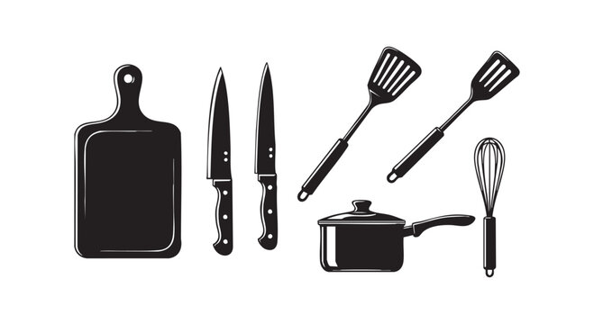 Kitchen utensils silhouettes set with cooking equipment like knives spatula whisk cutting board and pot on white surface.
