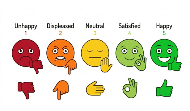 Customer Satisfaction Rating Scale with Five Emoji Faces from Unhappy to Happy with Hand Gesture Icons Vector Set
