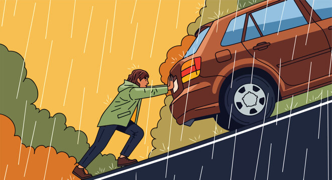 Person pushing car uphill in rain