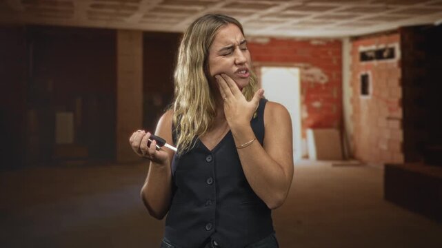 Woman holding car key touches cheek for toothache in a building interior under renovation; pain concern.