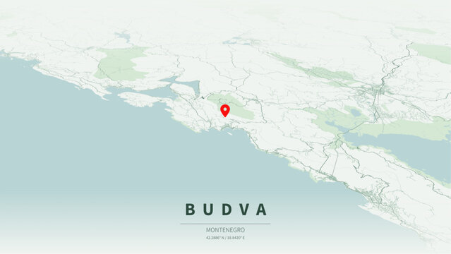 Modern minimalist vector map of Budva, Montenegro. High-quality scalable illustration of Budva city grid, historic Stari Grad peninsula, Budva Riviera coastline for posters and design.