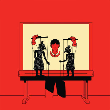 Man manipulating two traditional puppets on a screen