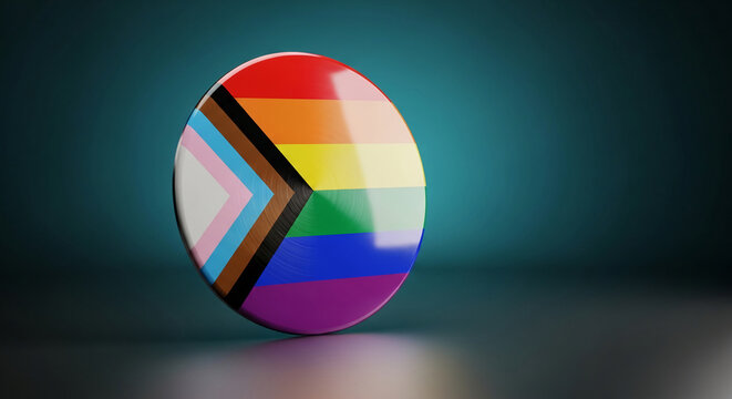 A glossy circular pin featuring the progressive pride flag design, symbolizing diversity, inclusivity, and LGBTQ+ rights. It is displayed on a reflective surface against a teal gradient background