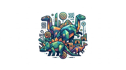 Colorful illustration of various dinosaurs and ancient symbols. © Topan