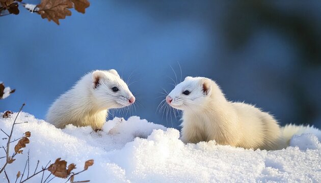 KI generated, AI generated, stoat, big weasel, two weasels playing in the snow, animals, mammals, (Mustela erminea), predators, studio shot, Lower Saxony, Federal Republic of Germany