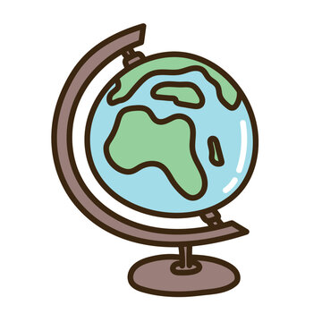 Earth globe school icon. Hand drawn terrestrial planet model on stand in naive doodle sketch. Education, geography lesson, global travel and discovery concept. Vector illustration.