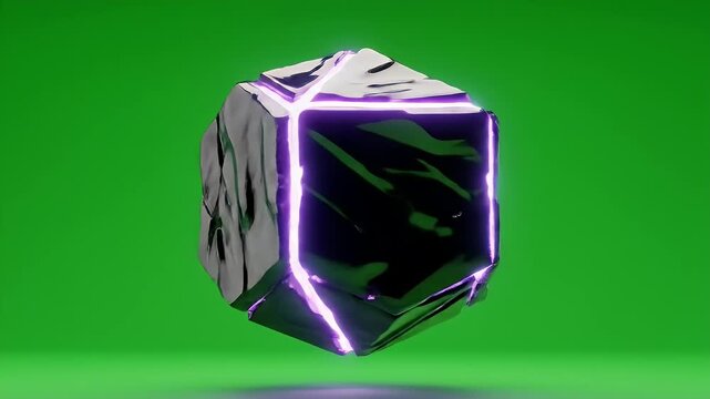 Rotating Hexagonal Prism with Glowing Edges - A geometric prism with a hexagonal shape rotates against a vivid green screen backdrop.