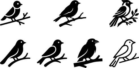 Fototapeta premium Minimalist black bird silhouettes on wooden branches vector collection for elegant nature design and wildlife icons isolated on gray transparent background pattern art.