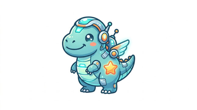 Cute cartoon baby dinosaur with futuristic robot elements.