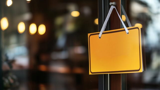 Blank yellow hanging sign mockup on a glass door of a modern cafe or shop