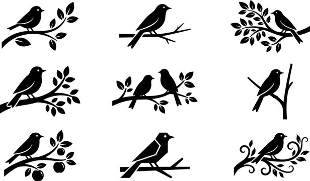 Set of black bird silhouettes on tree branches with leaves and fruit for home decoration wall art stickers scrapbooking vinyl decals and graphic design illustrations.