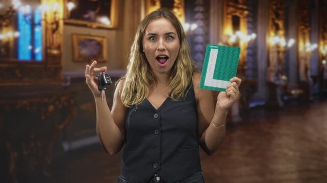 Woman holding car keys and green learner card, mouth open in surprise inside building; new driver excitement.