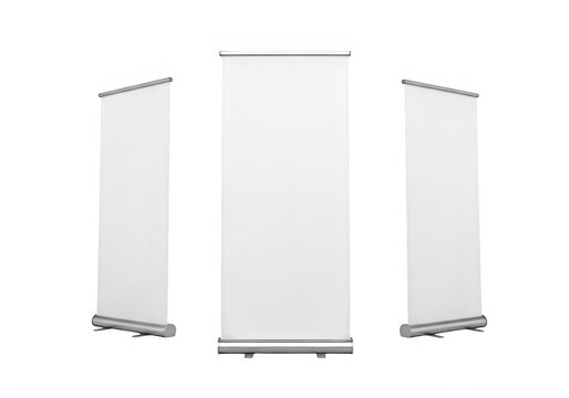 Three blank roll up banner stands for advertising, marketing, or display, isolated on white