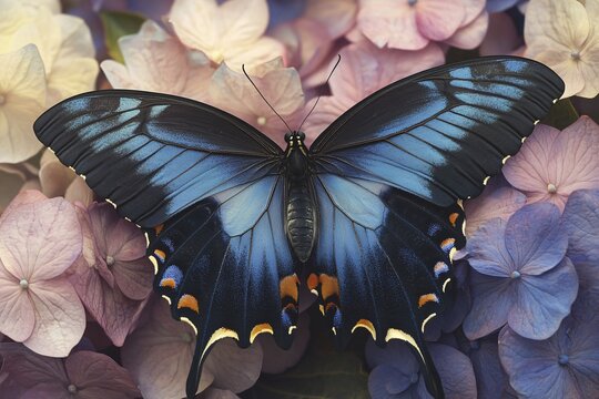 Close up of dark blue butterfly on hydrangea summer flowers. Generative Ai, AI generated