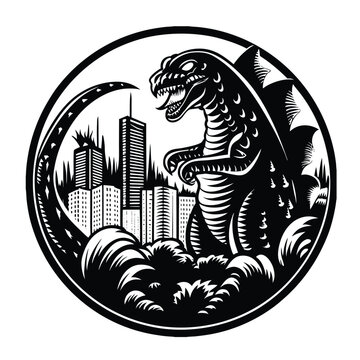 Retro Godzilla Kaiju Monster City Destruction Vector Emblem