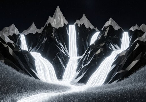 Surreal Low Poly Landscape with Luminous Waterfalls Flowing from Dark Mountains into a Glowing River at Night