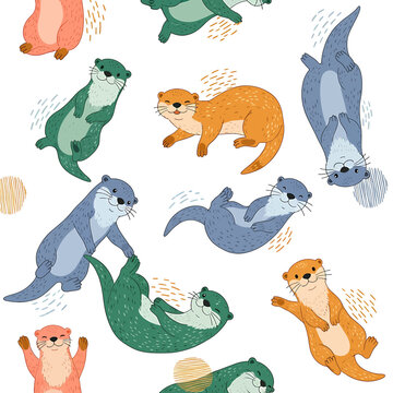 Colorful cartoon otter illustrations swimming playfully.