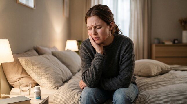 Woman sitting on bed looking stressed with hand on face and bottle of pills on nightstand beside her