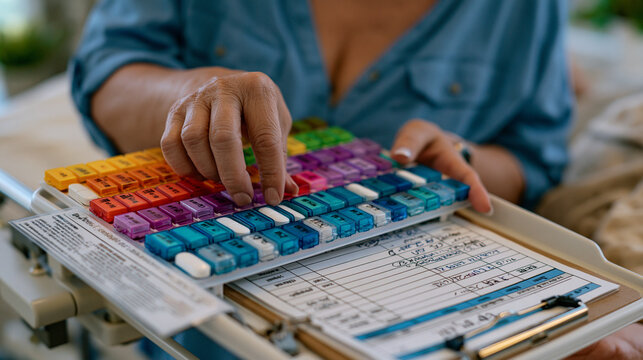 Home health aide organizing complex medication regimen for elderly patient with dementia, color-coded weekly dispenser on hospital-style adjustable tray, laminated instruction card visible, caregive