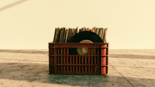 Vinyl record crate vintage crate plastic crate record collection record sleeve black record music media retro storage concrete floor soft light long shadow empty wall minimalist scene gritty