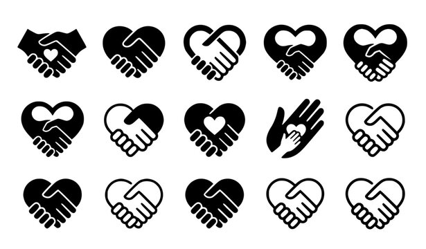 vCharity heart handshake icon set with nonprofit organization symbols family care donation trust deal agreements and humanitarian community alliance graphics