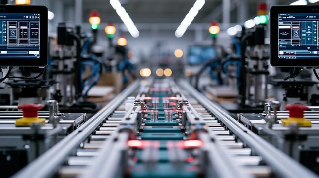 Medium shot of inline inspection with vision systems capturing realtime camera data to ensure lens clarity and alignment on manufacturing conveyor belt.