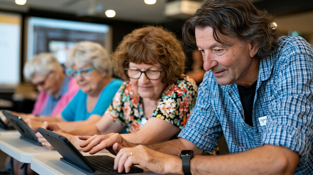 Retirement village technology workshop in progress, volunteer instructor helping five seniors set up video calling on tablets, participants aged sixty-six to eighty-three leaning toward screens with