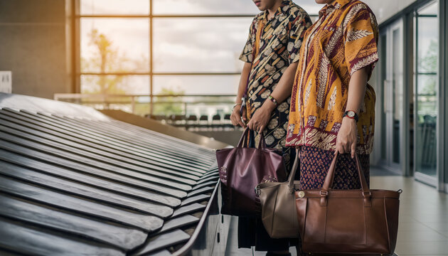 A couple wearing patterned shirts waits by a baggage carousel inside a bright airport terminal after arriving from a journey.