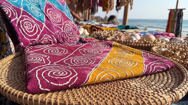 Vibrant hand-painted batik sarong with geometric patterns displayed on a woven tray with soft ocean background