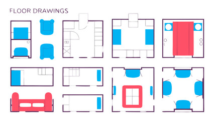 Fototapeta premium Collection of floor plan layouts for residential and commercial spaces