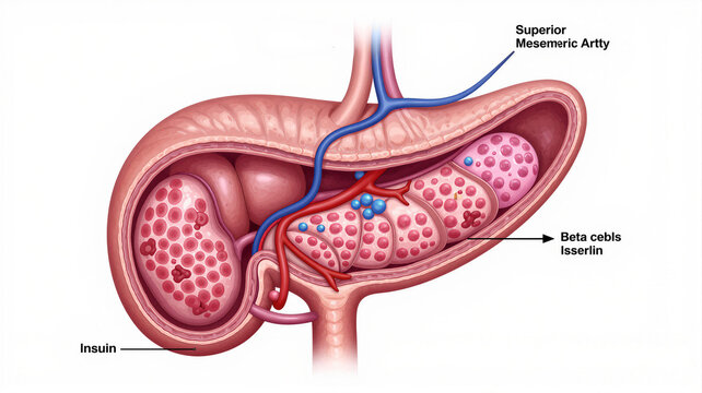 Illustration of the pancreas anatomy with beta cells and insulin production. Medical illustration.