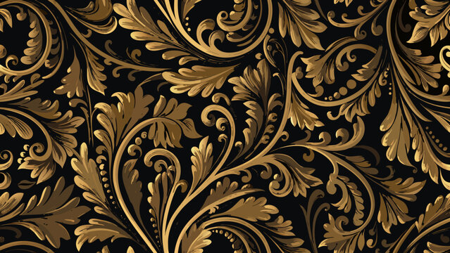 Ornate floral ornament a seamless vector pattern with swirling leaves and detailed gold embellishments on a black background design motif foliate