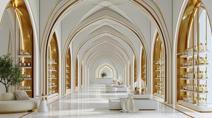 Fototapeta premium A luxurious interior design of a modern building with white and gold arches and shelves