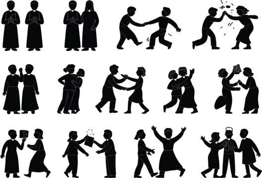 People interaction silhouettes collection featuring social communication friendship celebration and everyday human activity vector illustration artwork scenes
