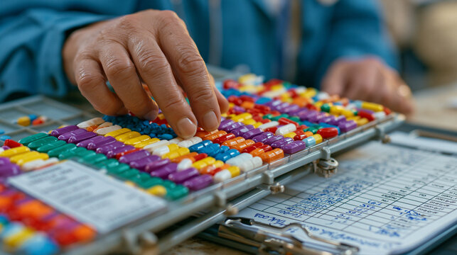 Home health aide organizing complex medication regimen for elderly patient with dementia, color-coded weekly dispenser on hospital-style adjustable tray, laminated instruction card visible, caregive