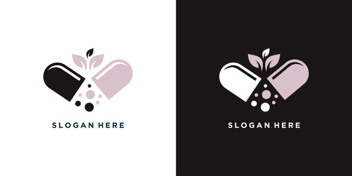 Creative medical logo design with capsule and leaves modern style.