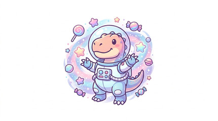 Cute cartoon dinosaur astronaut in space surrounded by sweets. © Brody