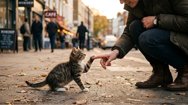 A person gently touching a tiny kitten paw on the street