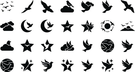 Fototapeta premium Set of bird silhouette icons including flying eagles doves and stars with moon and clouds perfect for minimalist wildlife logo designs or nature themed graphic elements.
