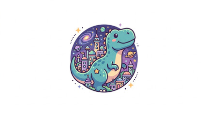 Cute cartoon dinosaur character in a magical city. © Brody