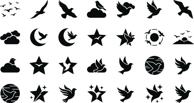 Set of bird silhouette icons including flying eagles doves and stars with moon and clouds perfect for minimalist wildlife logo designs or nature themed graphic elements.