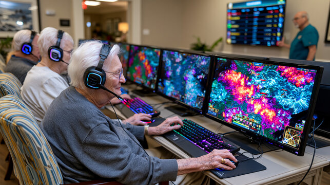 Retirement community recreation room transformed into competitive gaming lounge, six seniors aged sixty-eight to eighty wearing headsets at monitor stations, leaderboard displayed on wall screen, oc