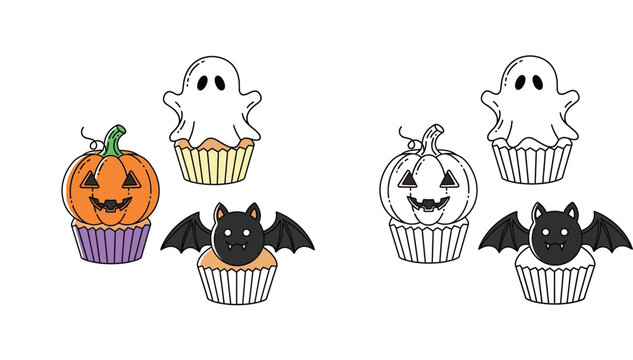 Set of Cute Halloween Cupcake Illustrations Featuring Pumpkin Jack-O-Lantern Ghost and Bat Characters Vector Art for Coloring Book and Party Decoration Isolated on White Background